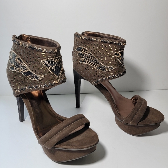 CARLOS By Carlos Santana PALERMO Brown Suede Beaded Platform Heels Sz 7 - Picture 1 of 10